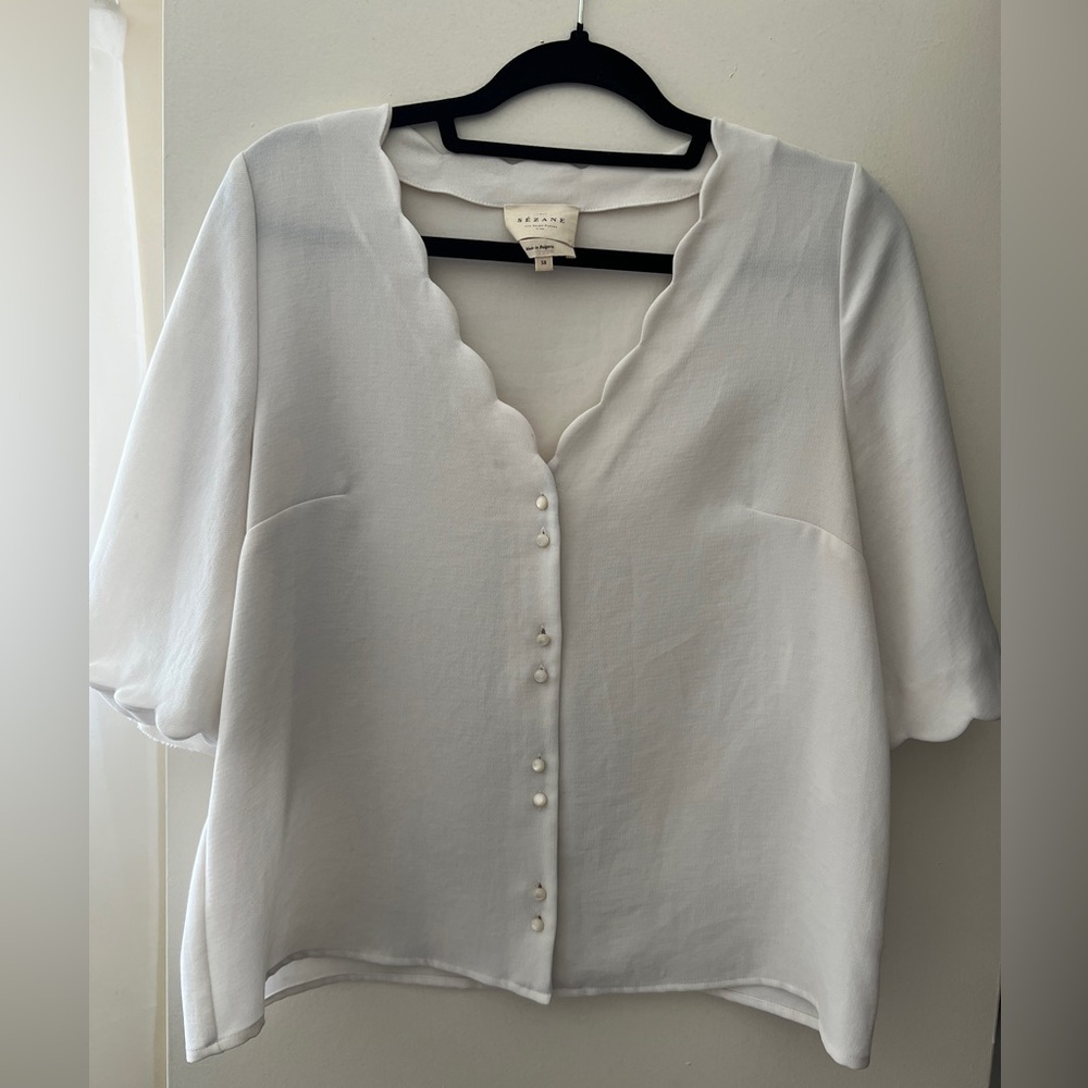 Sézane Antika Scallop Trim Blouse in Ecru Size 8 (EUR 38)